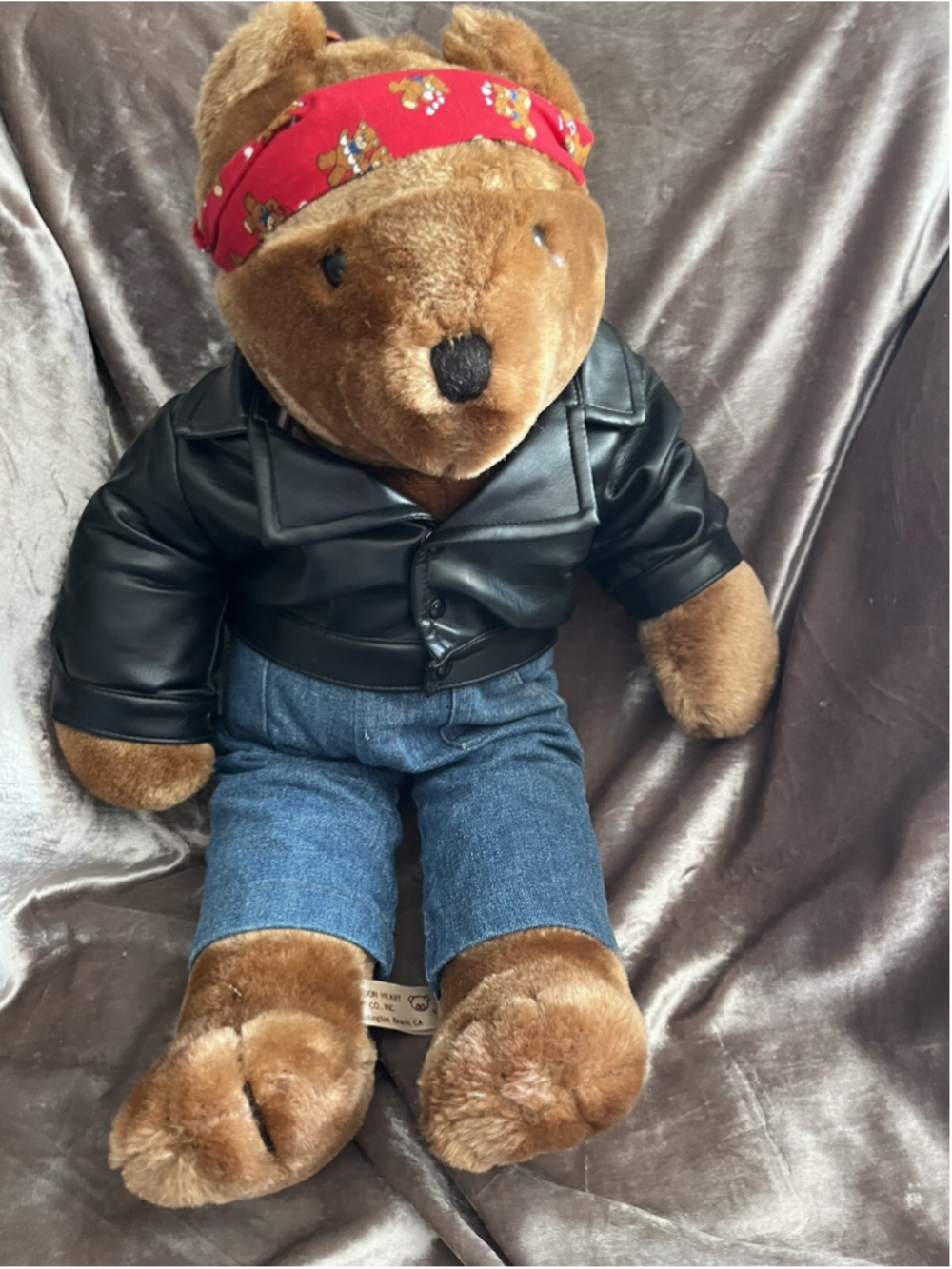 LARGE 22" plush, 1983, BIKER dressed teddy bear with helmet tagged: Aldon Heart